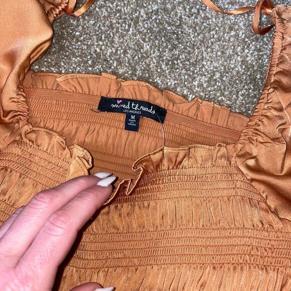 Mixed thread Smocked Peasant long Sleeve Ruffle Blouse Long Textured Satin SZ M - Picture 6 of 9